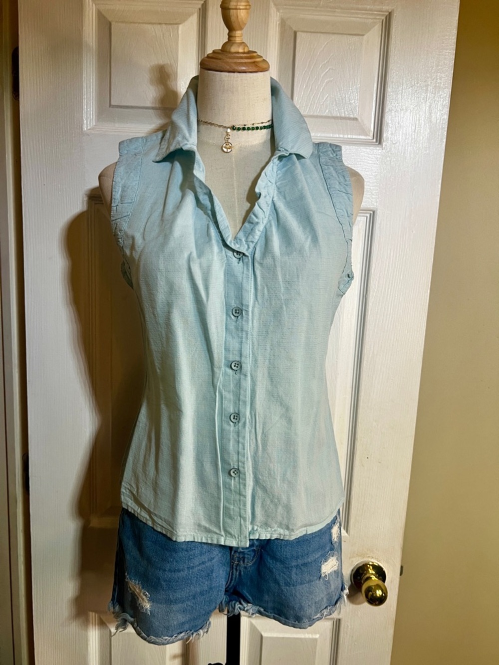 Cabi Wms Pale Blue Cotton Linen Ruched Sleeveless Casual Preppy Classic Top‎ XS